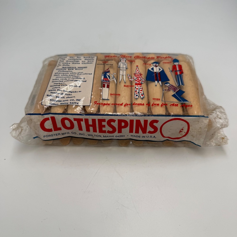 Vintage 70s Forster Worlds Fair Round Wooden Clothespins 30 Pack Made in USA New